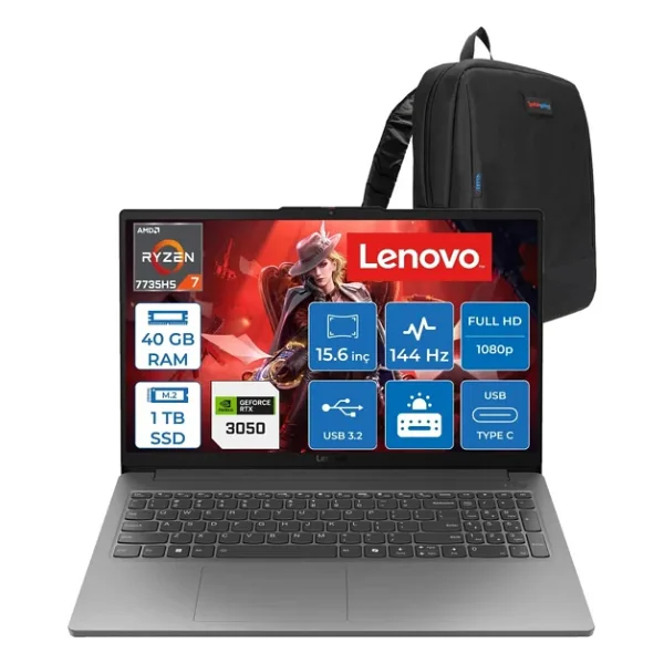 Lenovo Loq Essential 15ARP10 Amd Ryzen 7 7735HS 40GB 1tb SSD 6GB/RTX3050/65W 15.6" Fhd IPS 300NITS, 100% Srgb 144Hz Windows 11 Pro Gaming Bilgisayar 83S00033TRP14 + Zettaçanta - 1 TB - 40 GB