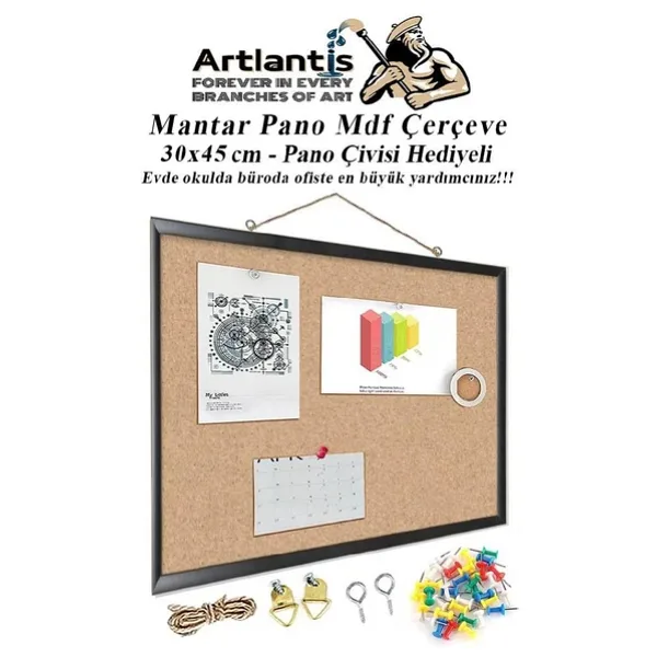 Mantar Pano Mdf Çerçeve 30x45 cm 1 Adet Harita Çivisi Hediyeli Duvara Monte Mantar Çerçeve Evde Okulda Büroda Ofiste