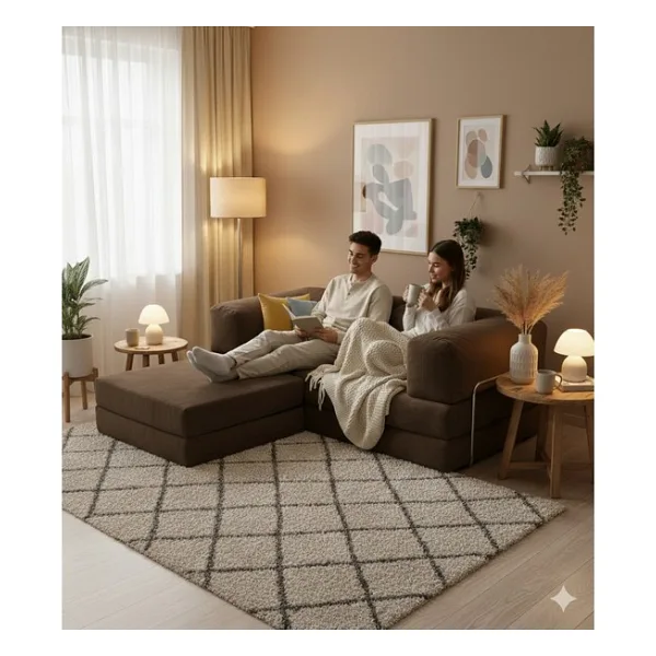 MONAMI Dechome 200X200 Köşe Takımı kadife Köşe Koltuk Modüler Köşe Takımı Yataklı L Koltuk Fitilli Kadife Yıkanabilir Fitilli Kadife Kumaş - Kahve