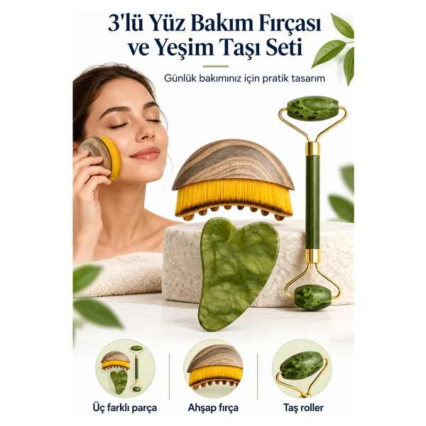 Mucit Home Lenf Drenaj Kuru Fırça ve Yeşim Taşı Roller 3 Lü Set Yüz, Boyun, Göz ve Vücut Masaj Aleti