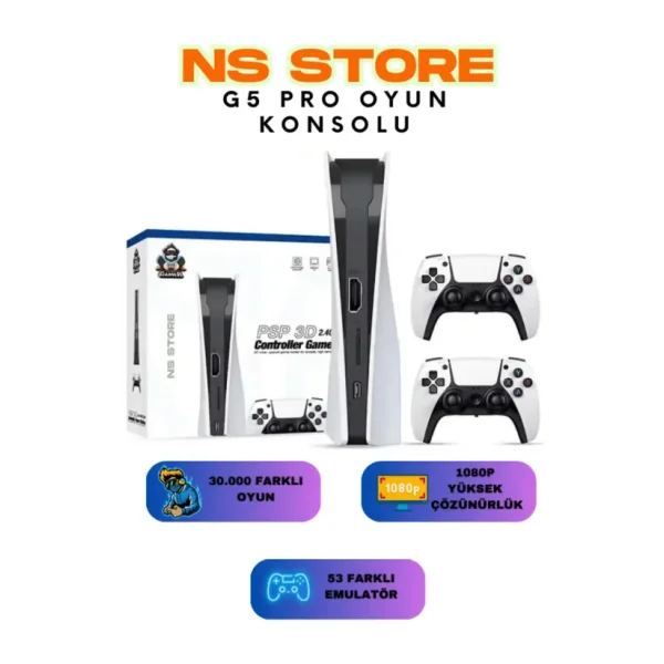 NS Store GS5 Pro PS5 Tasarımlı Kablosuz Çift Kol Oyun Konsolu - 4K, 2.4G, 53 Emulatör, 30.000 Oyunlu Atari