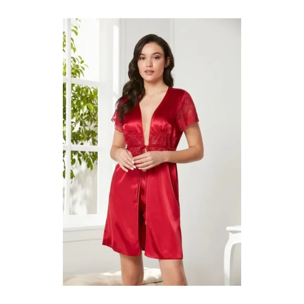 Pierre Cardin Saten Dantelli Midi Sabahlık 1020 Kırmızı