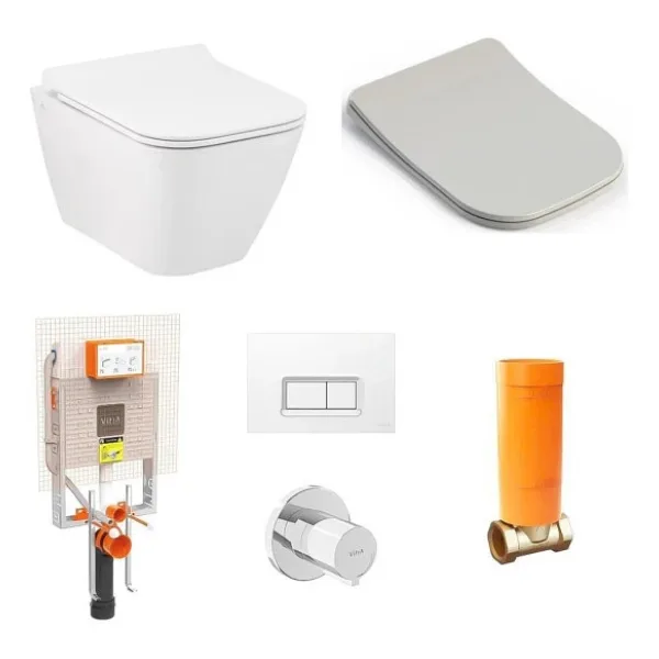 Seramiksan Saturn Rim-Out (Kanalsiz) Asma Klozet + Vitra Gomme Rezervuar + Yavas Kapanir Kapak Set