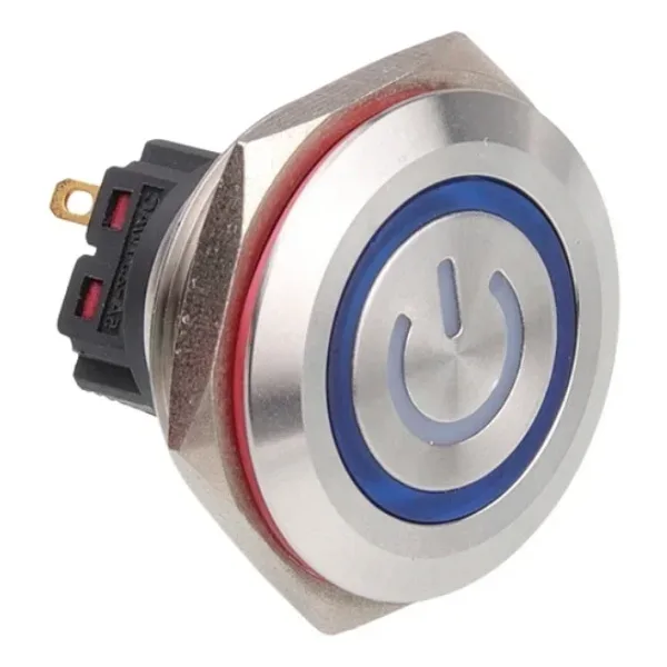 WD28B-P1-EC 28mm Düz Yaylı Işıklı Power Metal Buton - Mavi