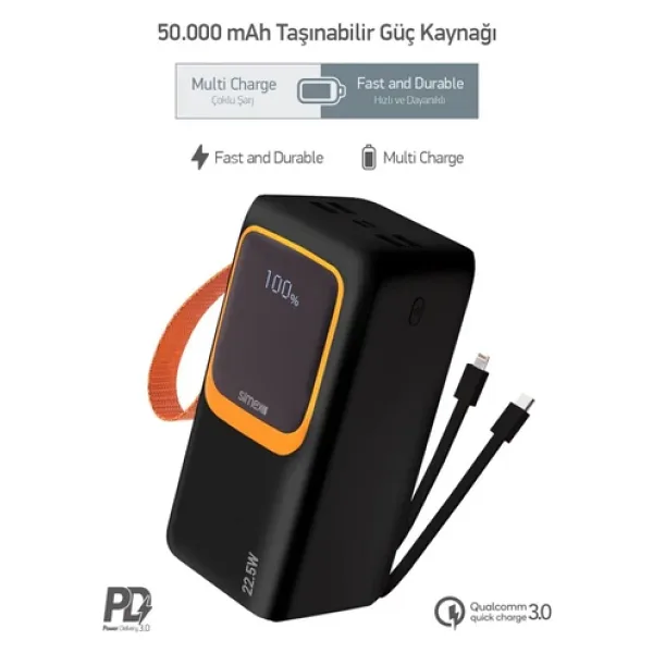 50.000 Mah Powerbank 50000 Powerbank Hızlı Şarj Pd Kablolu Fenerli Type C