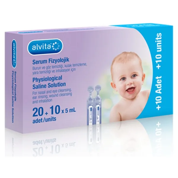 ALVİTA Bebekler İçin Serum Fizyolojik 20 Adet 5 ml Kulak Temizliği ve İnhalasyon İçin Uygun - Beyaz