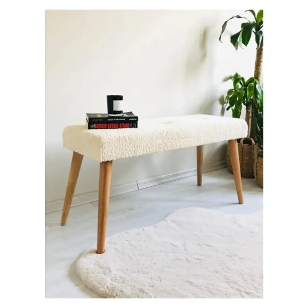 BEYLERBEYİ Ahşap Ayaklı Handmade Geniş Oturum Alanlı Krem welsoft Kumaş Pofidik Puf bench ,ayak ucu uzatmalık
