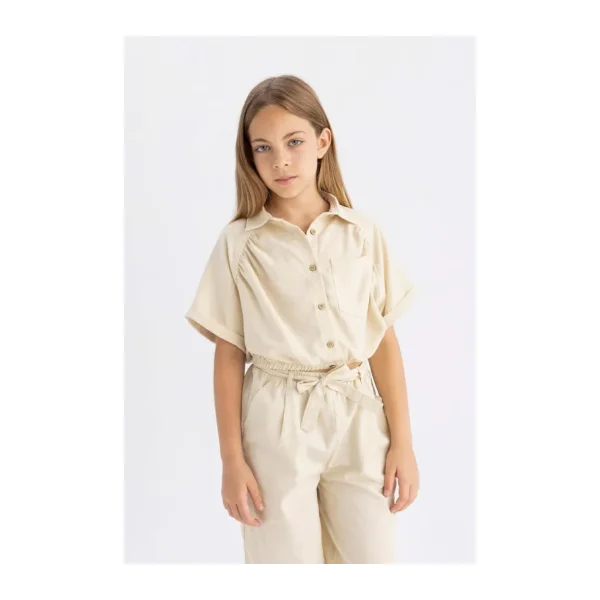 DeFacto Kız Çocuk Cropped Fit Pamuklu Kısa Kollu Gömlek