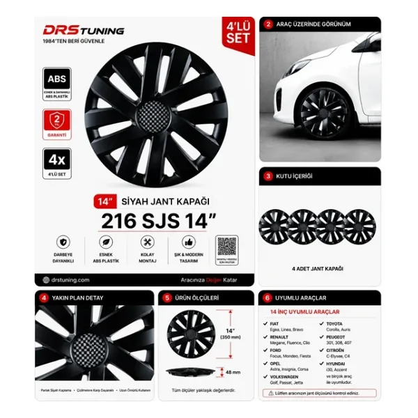 Drs Tuning Seat Uyumlu 14 Inc Kırılmaz Parlak Siyah Jant Kapağı 1 Takım 4 Adet NO:216