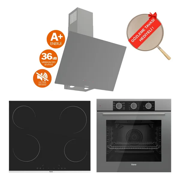 Ferre Fryart Vitello Vitroseramik Elektrikli Gri Ankastre Set ( D079-SA Sessiz + MS261 + QXE62CPR) - Siyah