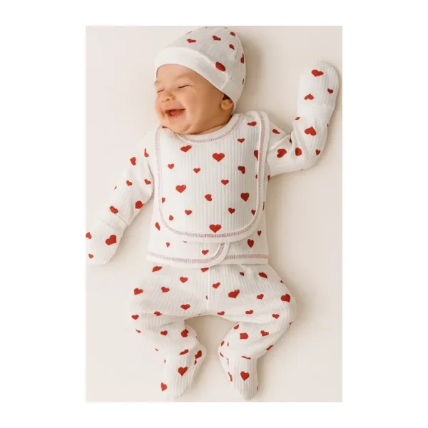 Hece Bebe %100 Pamuklu 5 Parça Yenidoğan Hastane Çıkışı Seti - Bebek Zıbın Takımı, Şapka, Önlük, Eldiven