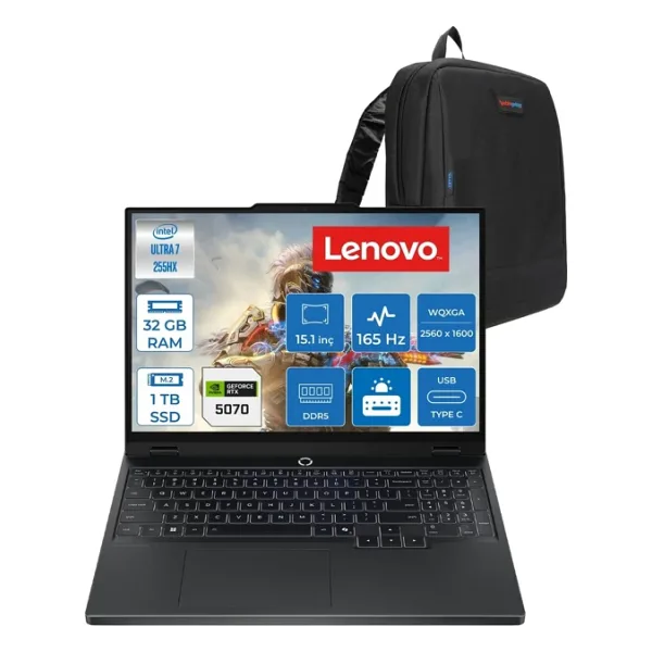 Lenovo Legion 5 15IAX10 Intel Core Ultra 7 255HX Ddr5 32GB 1tb SSD RTX5070/8GB/115W 15.1" Wqxga (2560X1600) OLED 1000NITS 165Hz Freedos Gaming Laptop 83F0008BTRF11+ZETTAÇANTA - 1 TB - 32 GB