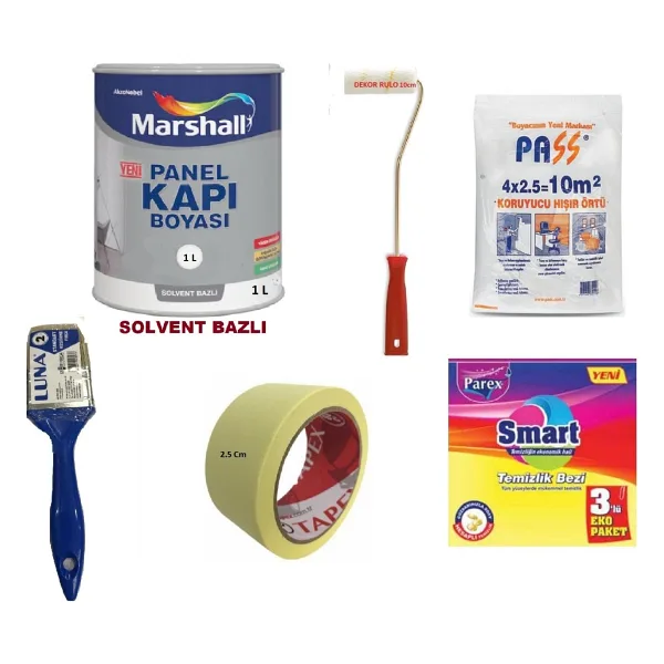 Marshall Marshall Solvent (Tiner) Bazlı Amerikan Panel Kapı Boyası 1 Lt -6 Parça Set - Beyaz - 1 L+ Boyama Seti