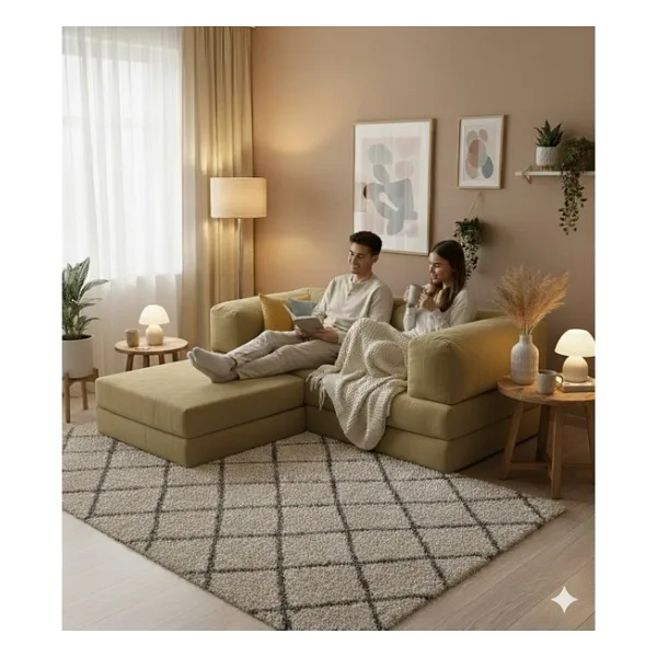 MONAMI Dechome 200X200 Köşe Takımı kadife Köşe Koltuk Modüler Köşe Takımı Yataklı L Koltuk Fitilli Kadife Yıkanabilir Fitilli Kadife Kumaş - Bej