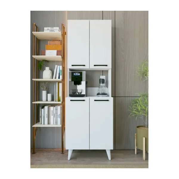 Montenero Kahve Köşesi Dolabı 4 Kapaklı Çok Amaçlı Mutfak Dolabı 60x180 Cm Parlak Beyaz