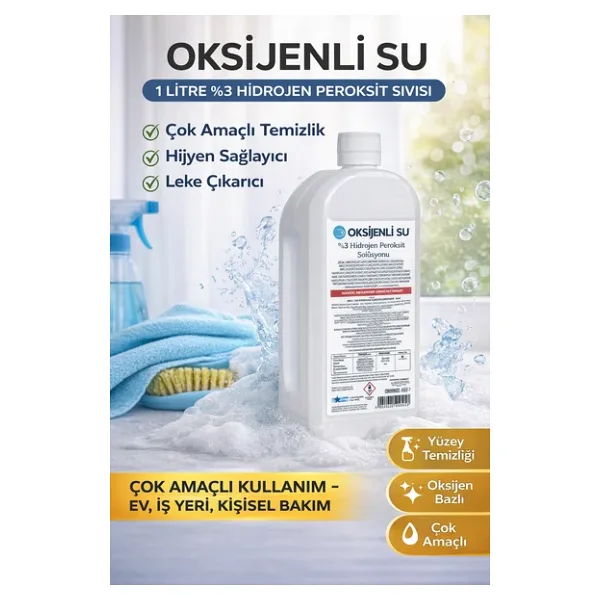 Oksijenli Su 1 Litre %3 Hidrojen Peroksit Solüsyonu Çok Amaçlı Temizlik Hijyen Sıvısı 1 Adet