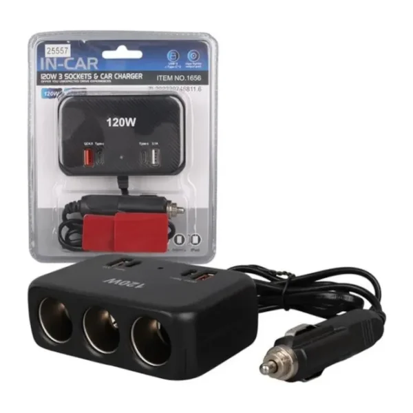 Olesson 1656 12-24V Çift Usb + Çift Type-C 120W 80Cm Kablolu 3'Lü Araç Çakmak Çoklayıcı