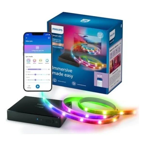Philips Smart Lighting HDMI Sync Box TV arka ışığı, RGBIC LED şeritler, 55 - 65 inç TV'ler için, senkronizasyon. m. Film, müzik, HDMI 2.0, 4K, 60 Hz'de bağlanır, WiZ ile bağlanır, harici video kaynağı