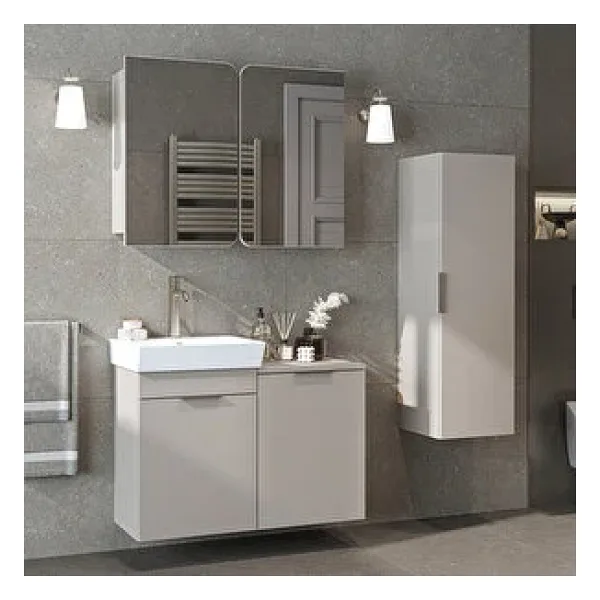Roomart Dubai Mdflam Sepetli Banyo Dolabı Seti, Lavabolu Alt Dolap + Aynalı Banyo Üst Dolabı + Boy Dolabı Beyaz