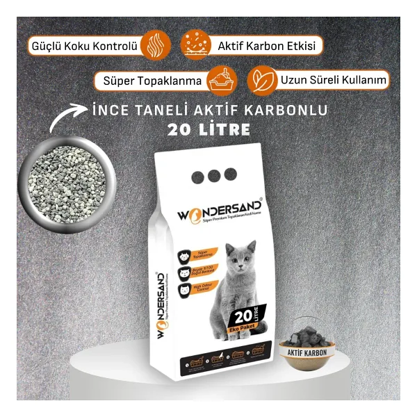 Wondersand Aktif Karbonlu İnce Taneli 20 lt Beyaz Bentonit Kedi Kumu