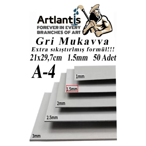 A4 Mukavva Gri 1.5 mm 50 Adet 1 Paket 21x29,7 cm A-4 Mukavva 1,5 mm Kalınlığında A-4 Mukavva