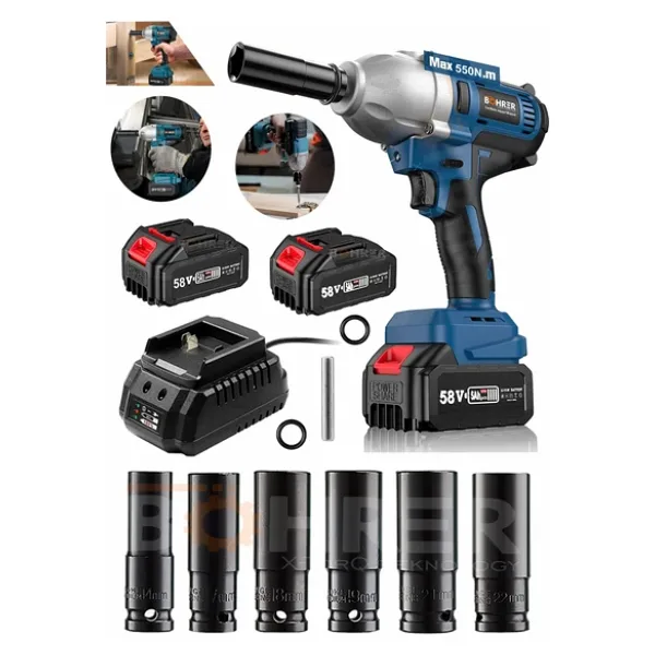 BÖHRER Akülü Darbeli Anahtar Fırçasız Blue 1/2 Inç Yüksek Torklu Somun Sıkma 2x 5.0ah Pil + 5 Soket Takımı