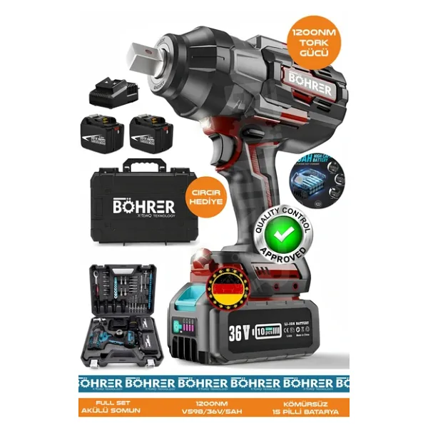 BÖHRER Alman BA01072K Akülü Somun Sıkma Makinesi 1200 Nm Tork - 36V 5Ah Darbeli Lokma - Ağır Hizmet Tip