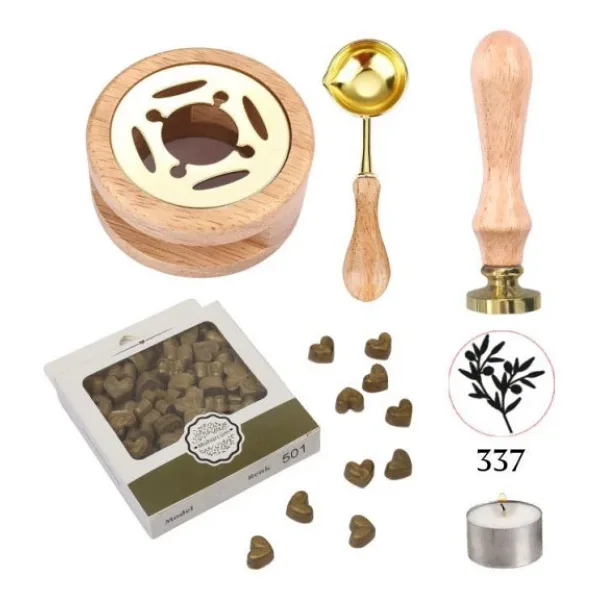 Davetiye Mum Mühürü Uygulama Seti Ahşap Rengi 337 Zeytin Dalı