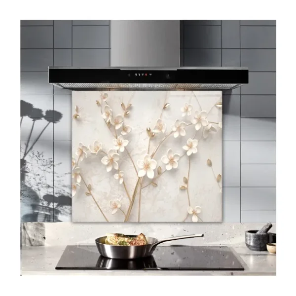 Decorita Cam Ocak Arkası Koruyucu Beyaz Çiçek - Gold - 52 x 60 cm