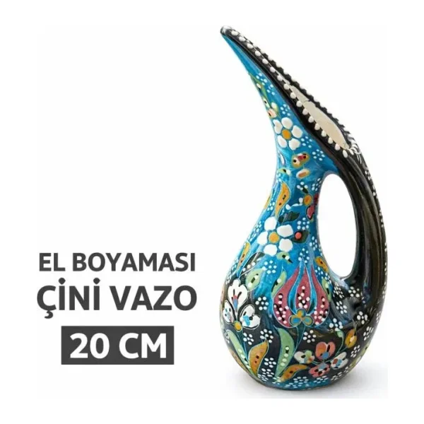 HD Marketim El Boyaması Çini Vazo 20 cm - Dekoratif Seramik İbrik - Masa Üstü Ev Ofis Dekoru