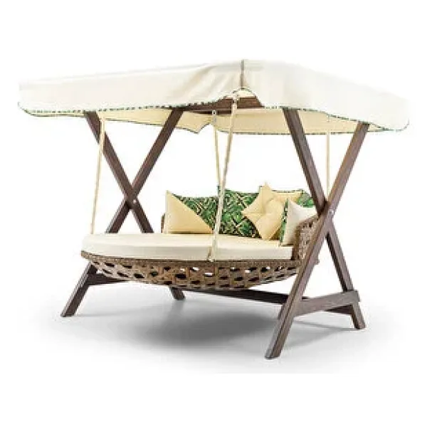 Hier Dominik Swing Ahşap Rattan Salıncak Dış Mekan Bahçe Balkon Ve Teras Salıncağı Krem