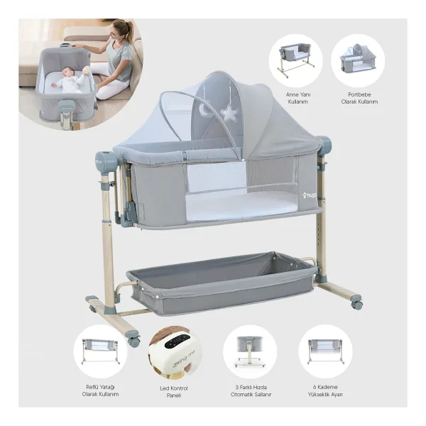 Huggy Swing Me Otomatik Sallanabilir Kumandalı Elektrikli Anne Yanı Beşik