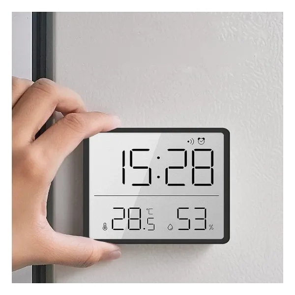 HyMark Mıknatıslı LCD Dijital Ekran 9x7 cm Pilli Mini Saat Alarm Saat Nem Göstergesi Sıcaklık Ölçer
