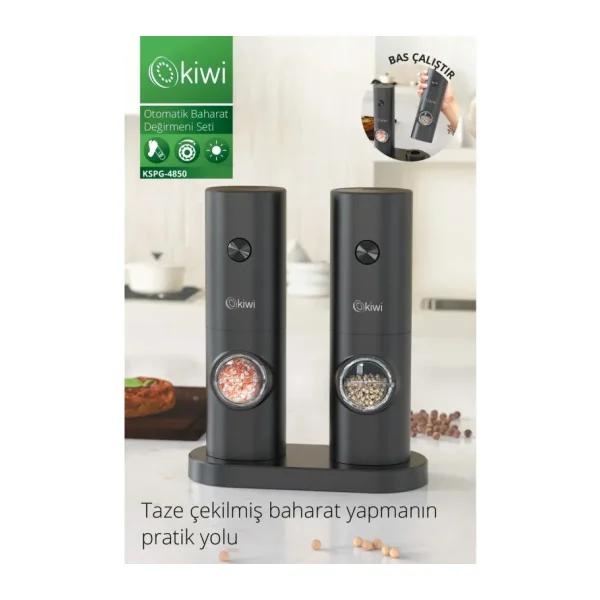 Kiwi Kspg-4850 Pilli Işıklı Tuz Karabiber Değirmeni Otomatik Baharat Öğütücü 2li Paket (SİYAH) - Siyah - 70 ml