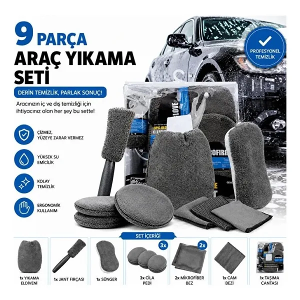 Meyzone 9 Parça Araba Yıkama Detay Seti Yıkama Eldiveni Cam Kurulama Bezi Cila Pedi Yıkama Süngeri Set