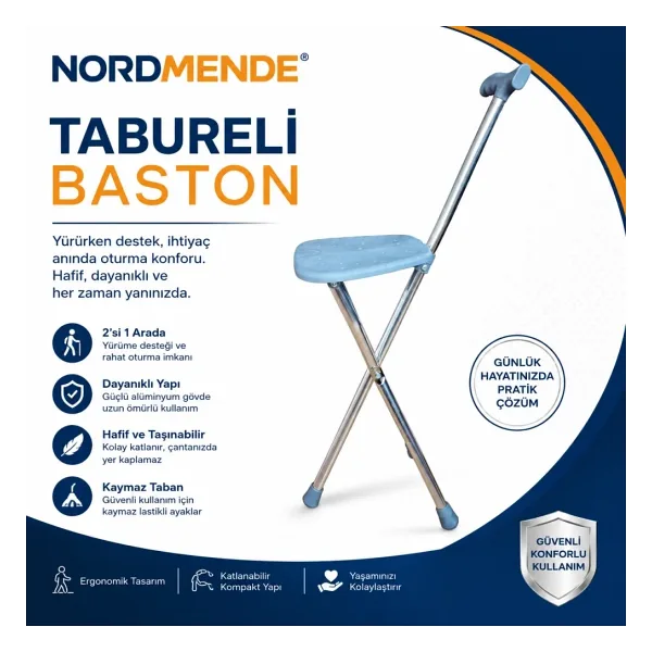 Nordmende Tabureli Baston Oturaklı Katlanabilir Yürüyüş Bastonu Taşınabilir Baston Sandalye