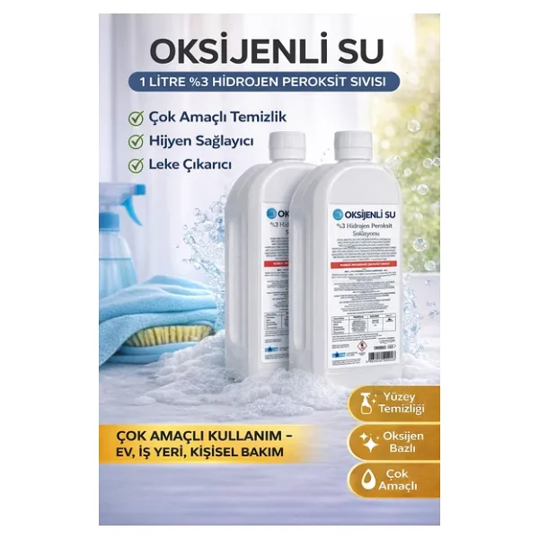 Oksijenli Su 1 Litre 2 Adet Set %3 Hidrojen Peroksit Solüsyonu Çok Amaçlı Temizlik Hijyen Sıvısı