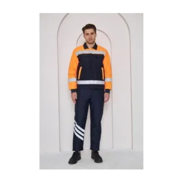 Orange Safety Turuncu Robalı Lacivert Soğuk Hava Mont Pantolon Takımı Su Ve Rüzgar Iticili Lacivert