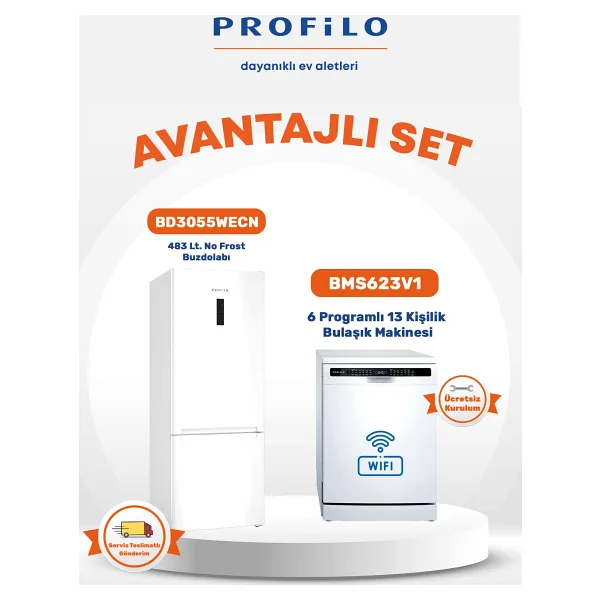 Profilo 2'li Buzdolabı (BD3055WECN) + Bulaşık Makinesi (BMS623V1) Set
