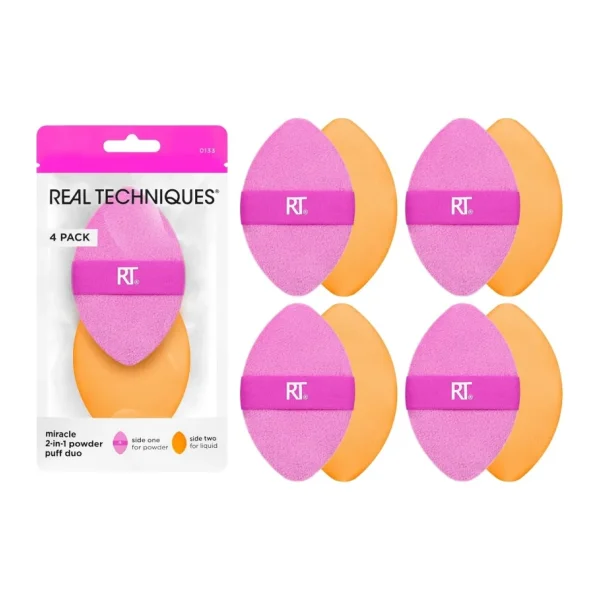 Real Techniques 4 Paket Mucize 2'si 1 Arada Puflar, Çift Taraflı Makyaj Karıştırma Pufu, Tersinir Elastik Bant, Hassas Makyaj Süngeri ve Pudra Pufu, Sıvı, Krem ve Toz Ürünleri İçin