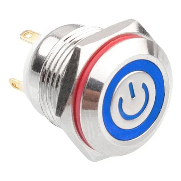 WD16H-P0-EC 16mm Düz Yaylı Işıklı Power Metal Buton - Mavi