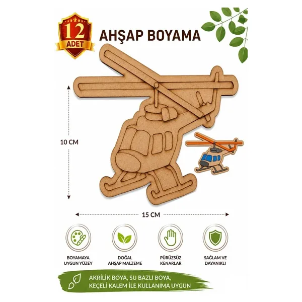 ArtMaster Ahşap Boyama Helikopter 12 Adet 10x15cm Araba Boyama Figürü Etkinlik Çoçuk Gelişim Motor Beceri Kreş Anasınıfı Çok Renkli