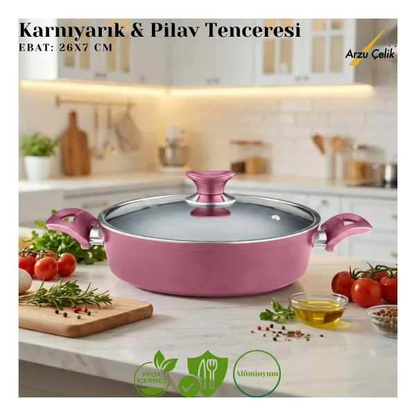 Arzu Cam Kapaklı 26 cm Granit Pilav Tenceresi