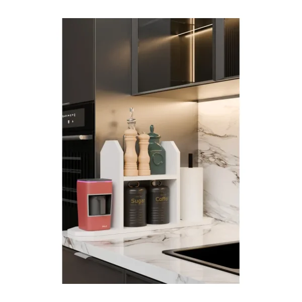 Barin Design Mutfak Düzenleyici Raf ,Baharatlık, Kağıt Havluluk , Kahve Köşesi Standı, Peçetelik Tezgahüstü Raf - Beyaz