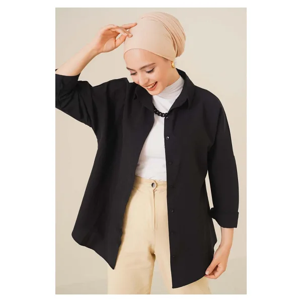 Bigdart Kadın Siyah Oversize Tesettür Gömlek - %70 Pamuk %30 Polyester, Düz Desen ve Rahat Kesim - 36