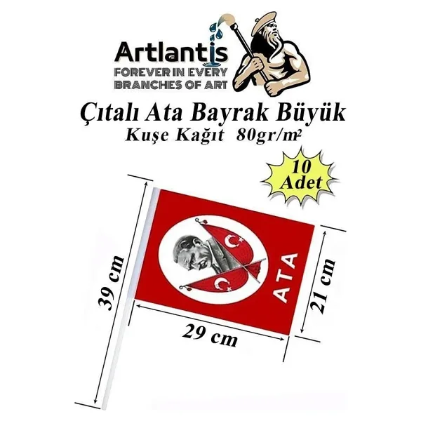 Çıtalı Ata Bayrak Kağıt 21X29 Cm 10 Adet Atalı Bayrak Çıtalı Sopalı Büyük Bayrak Plastik Çubuklu Bayrak