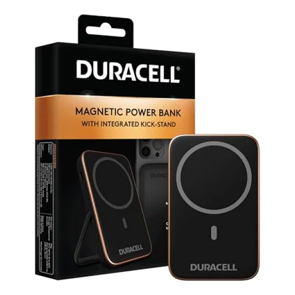 Duracell Manyetik Powerbank 5000 mAh - Magsafe Uyumlu Kablosuz Şarj Cihazı 7,5 W, 12 W USB-C Hızlı Şarj, iPhone 12 13 14 15 16 17 Pro Max, Samsung, AirPods İçin Ayaklıklı İnce Harici Pil
