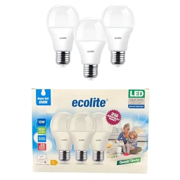 Ecolite 12W LED Ampul 3'lü Paket 1521 Lümen, 6500K Beyaz Işık, 100W Eşdeğer, E27 Duy, Enerji Tasarruflu, 220V, Dim Edilemez [enerji Sınıfı E]