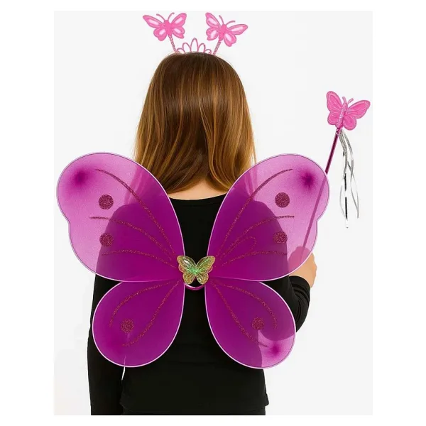 Fuşya Kelebek Kız Seti - 50 Cm Kelebek Kanadı, Taç Ve Asa