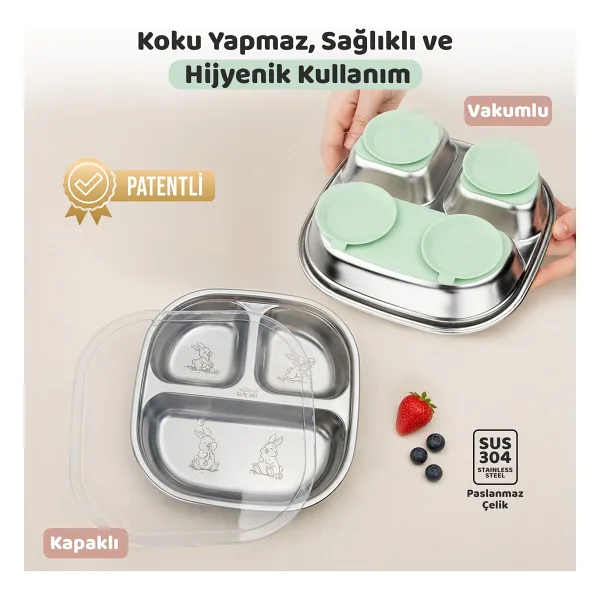 Guqqo Silikon Vakumlu Paslanmaz Çelik Mama Tabağı, 3 Derin Bölmeli Bebek Tabak, 304 Çelik, Yeşil